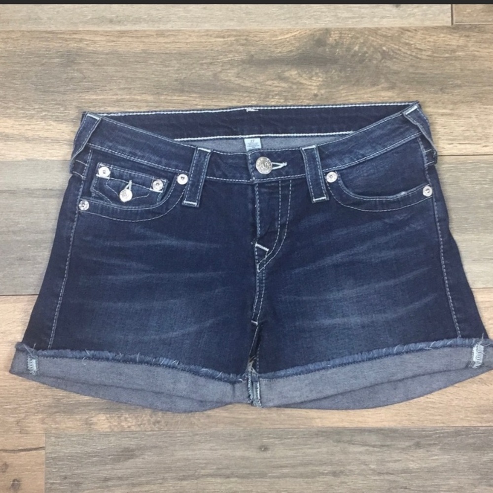 TRUE RELIGION Mid Cutoff Cuffed Shorts Dark Wash